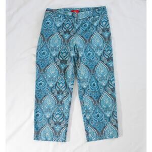 Oscar by Oscar de la Renta Paisley Capri Pants Size 8 Blue Teal Stretch Vintage